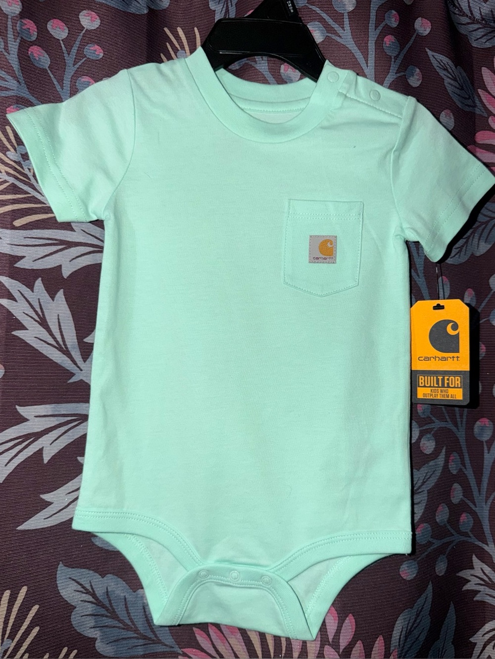 Carhartt Mint Green Short-Sleeve Pocket One-Piece Bodysuit for Kids